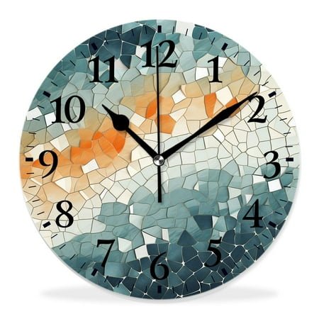 14 Inch Wall Clock Battery Operated Silent Clock Decorative for Office, Kitchen, Outdoor, Living Room,Vintage Bright Abstract Mosaic Print Ceramic Tile Fragment Image