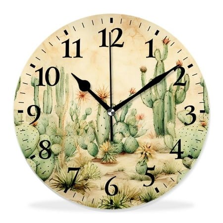 14 Inch Wall Clock Battery Operated Silent Clock Decorative for Office, Kitchen, Outdoor, Living Room，Green Mexican Texas Cactus Plants Creative