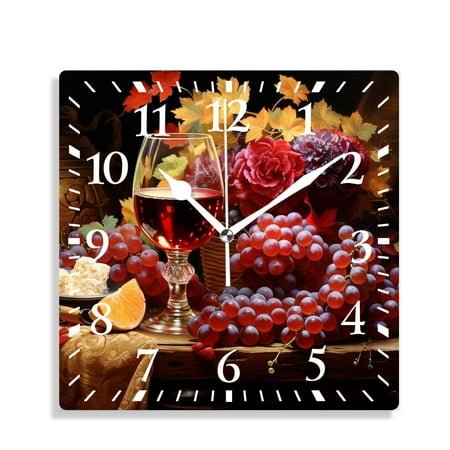 14 Inch Wall Clock Battery Operated Silent Clock Decorative for Office, Kitchen, Outdoor, Living Room，Wine Grapes Oak Casks Design