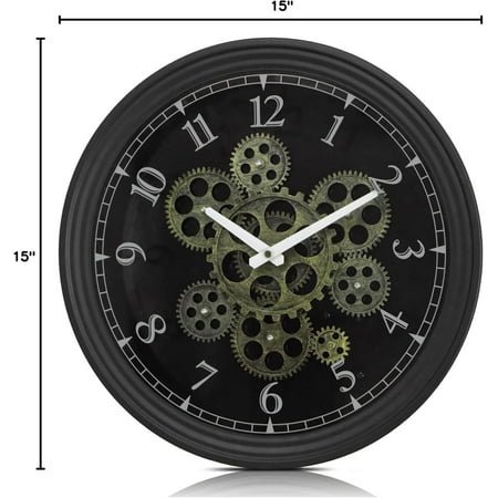 15 Inch Real Moving Gear Wall Clock, Vintage Industrial Steampunk Metal Clock for Living Room, Kitchen, Office Decor