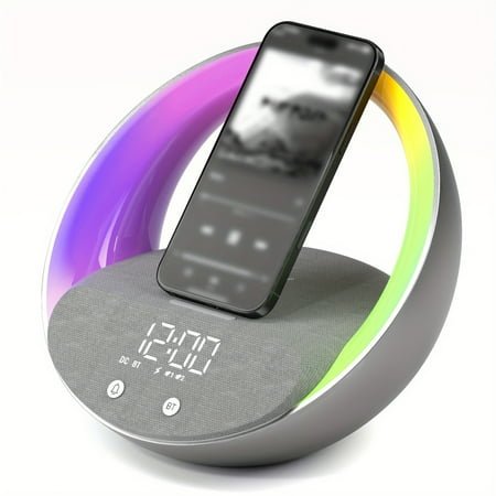15W Fast Wireless Charging Alarm Clock with Sunrise Simulation, 10W Speaker, USB Charger - Multi-Device Charging Station & Phone Dock for Bedroom