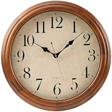 16 Inches Wooden Wall Clock with Retro Design, Large Round Wood Wall Clock with Big Arabic Numerals, Battery Operated Silent Non-Ticking Brown Clock for Living Room, Kitchen, Bedroom.