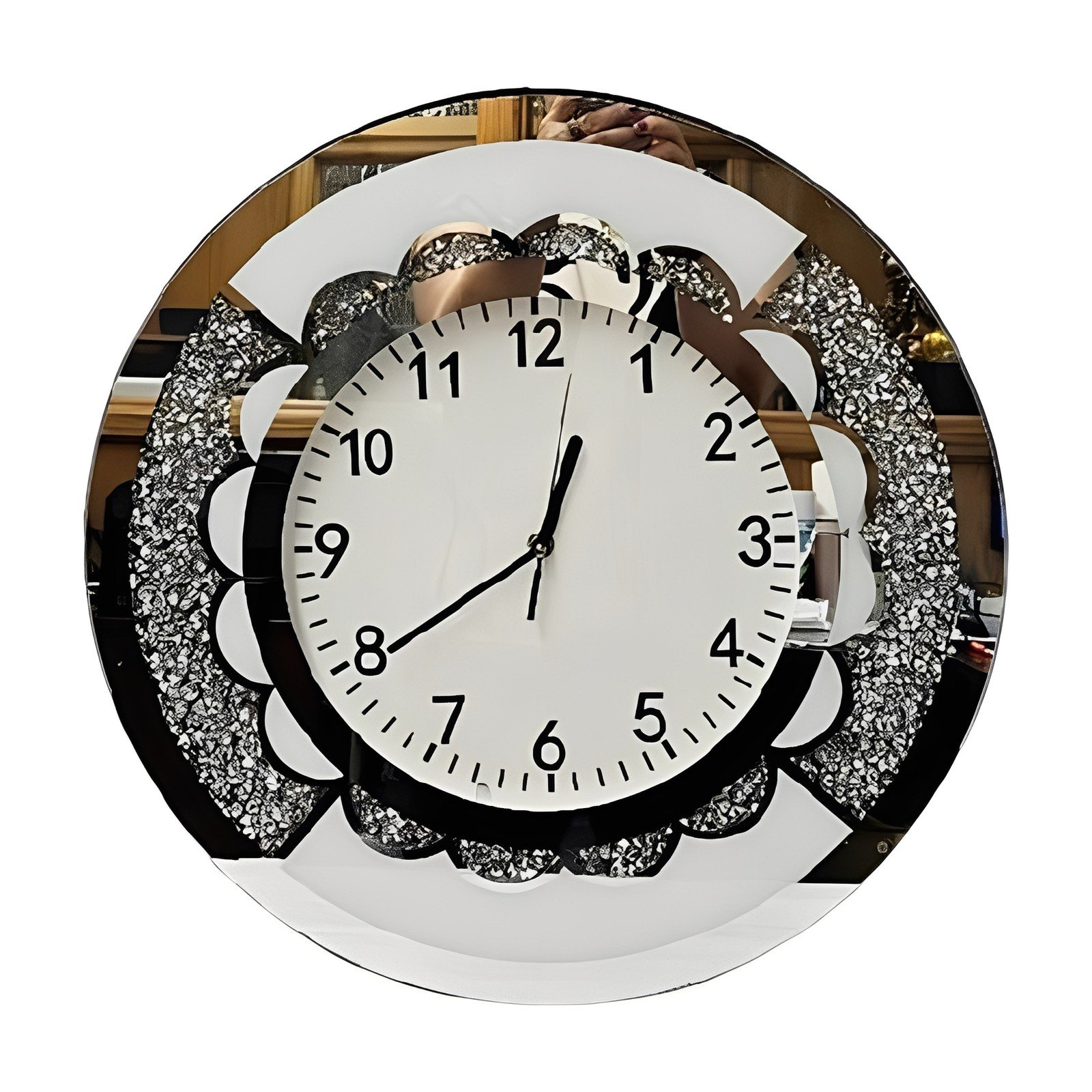 19"H White and Silver Mirrored, Glittery Modern Round Wall Clock