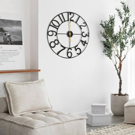 24 Black Wall Clock with Gold Metal Pointers – Vintage Scandinavian Style for Living Room, Bedroom, Office, and Hall Decor