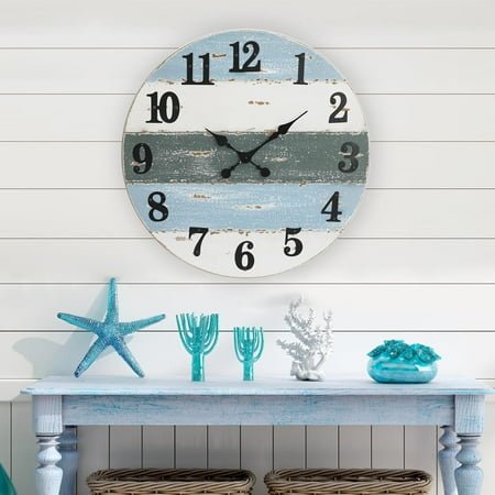 24 Large Beach Coastal Nautical Wall Clock, Wooden Wall Clocks Battery Operated,Vintage Farmhouse Decorative for Living Room, Kitchen, Home, Bedroom, Laundry Room, Blue