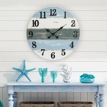 24 Large Beach Coastal Nautical Wall Clock, Wooden Wall Clocks Battery Operated,Vintage Farmhouse Decorative for Living Room, Kitchen, Home, Bedroom, Laundry Room, Blue$$Home Decor, Kitchen, & Other
