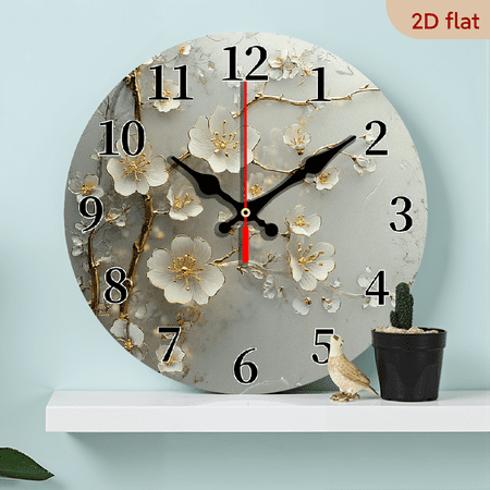 2D Flat 1pc 10Inch Elegant White Cherry Blossom Wooden Wall Clock with Golden Hands Black Numerals Silent Non Ticking Modern Round Clock for Living Room, Bedroom, Kitchen, Office Durable Wood Vene