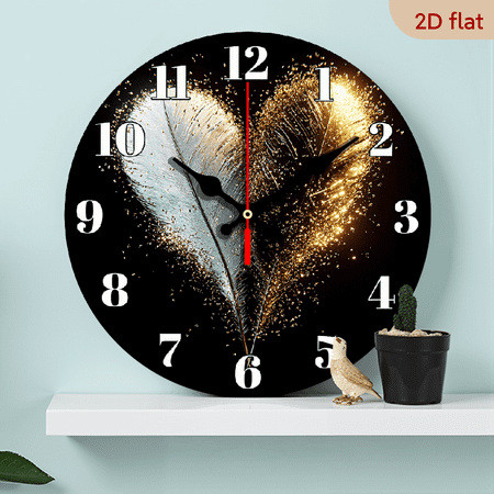 2D Flat 1pc 10Inch Modern Elegant Heart Shaped Feather Wooden Wall Clock with Golden Tone Hands Black Face Silent Non Ticking Quartz Movement, Large Easy to Read Numerals, Durable Wood Construction