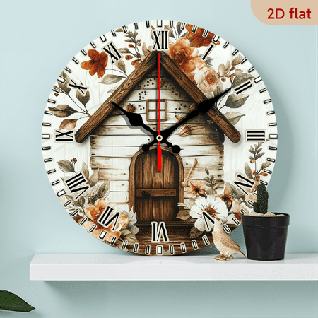 2D Flat 1pc 10Inch Putuo Decor 1pc Round Wall Clock Wooden Hanging Decoration with Garden Cottage Elements, Wall Art Decor for Home Farmhouse Living Room Studio Pub Club Cafe Coffee Shop Office