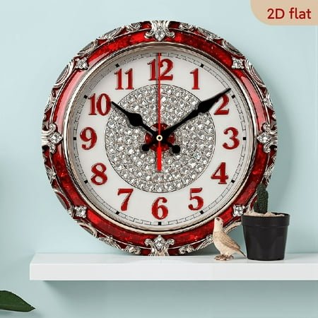 2D Flat 1pc 10Inch Wooden 1pc Luxury Red Ruby Crystal Wall Clock - Large Round Swiss Quartz Mechanical Movement, Elegant Hands Red Accents, Battery-powered (aa Not Included) For Living Room