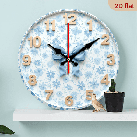 2D Flat 1pc 10Inch Wooden Blue Floral Bow Wall Clock - Silent Non-Ticking Round Clock with Light Blue White Floral Design, Golden Accents for Living Room Bedroom Decor, Creative Home Decor Gift