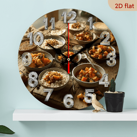2D Flat 1pc 10Inch Wooden Clocks, Delicious Food Theme Design, One Round Simple Wall Clock, Silent Wooden Clock, Suitable for Living Room, Bedroom, Office Decoration Modern Style Wall Clock Silent
