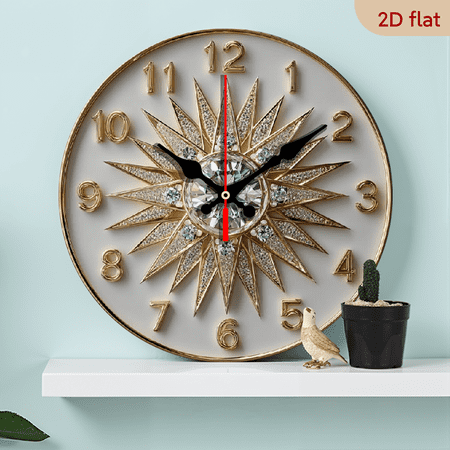 2D Flat 1pc 10Inch Wooden Large Modern Diamond Design Sun Wall Clock - 10 Inch Large Face with Golden Hands Numbers, Hands, Battery-Powered (AA Not Included), Swiss Movement - Quiet Operation For