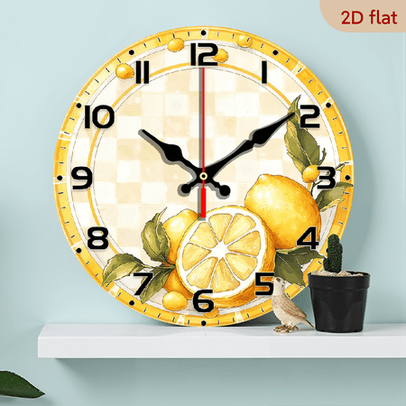 2D Flat 1pc 10Inch Wooden Lemon Slice Design Silent Wall Clock - Round Wooden Analog Clock with Vibrant Yellow White Pattern, Battery Operated (AA Battery Not Included) - Perfect for Living Room