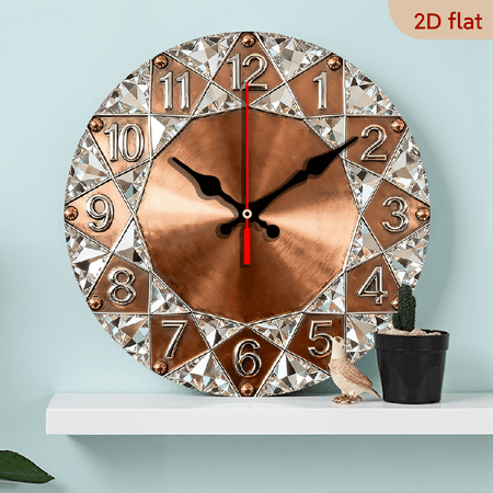 2D Flat 1pc 10Inch Wooden Luxury Copper Diamond Wall Clock - Silent Quartz Movement, Large Round Modern Clock with Diamond Pattern 10Inch for, Office, Bedroom - Swiss Mechanism