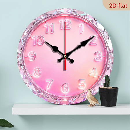 2D Flat 1pc 10Inch Wooden Pink Diamond Round Wall Clock - Glamorous Shiny Style Decor with Automatic Wind-Up Mechanism, Pink Dial, Battery-Powered (AA Not Included) - for Living