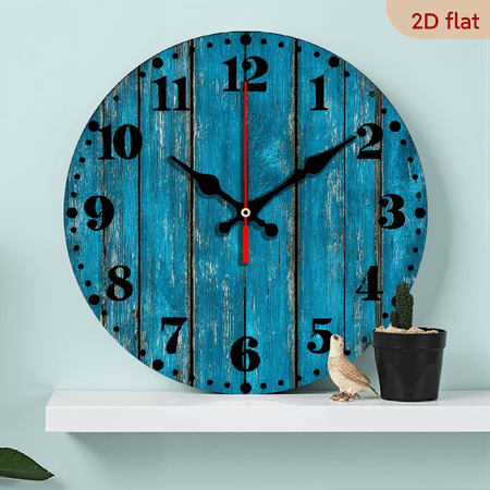 2D Flat 1pc 10Inch Wooden Rustic 10-Inch Round Silent Wooden Wall Clock, Vintage No Ticking Clock For Bedroom, Living Room, Kitchen, Office, School Decor - Blue Wood Grain