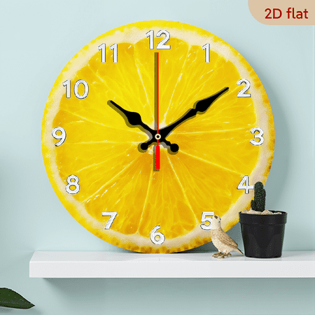 2D Flat 1pc 10Inch Wooden Silent Lemon Slice Wall Clock Modern Round Wooden Design Vibrant Citrus Theme Quartz Movement Battery-Powered, Non-Ticking Ideal for Living Room, Bedroom, Kitchen, Office