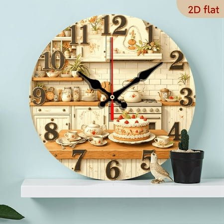 2D Flat 1pc 10Inch Wooden Silent Wall Clock with Bakery Design Non-Ticking, AA Battery Operated, Rustic Wooden Kitchen Decor for Home, Pool, or Bathroom, Round Analog Display Featuring