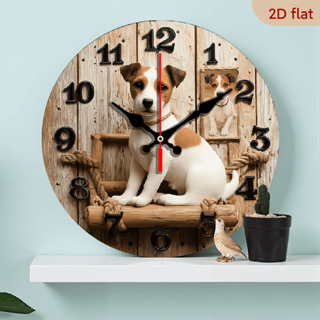 2D Flat 1pc 10Inch Wooden Vintage Jack Russell Terrier Wall Clock - Silent Pet-Themed Decor, Round Wooden Design with Black Numbers Hands, Perfect for Home, Office, or Gift, Battery Operated