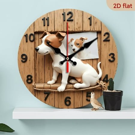 2D Flat 1pc 10Inch Wooden Vintage Jack Russell Terrier Wall Clock - Silent Pet-Themed Decor, Round Wooden Design with Black Numbers Hands, Perfect for Home, Office, or Gift, Battery Operated