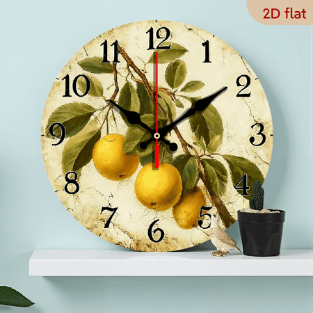 2D Flat 1pc 10Inch Wooden Vintage Lemon Branch Wall Clock - Non-Ticking Silent Movement, Farmhouse Decor with Beige Background - Compatible with AA Batteries (Not Included) - for Living Room