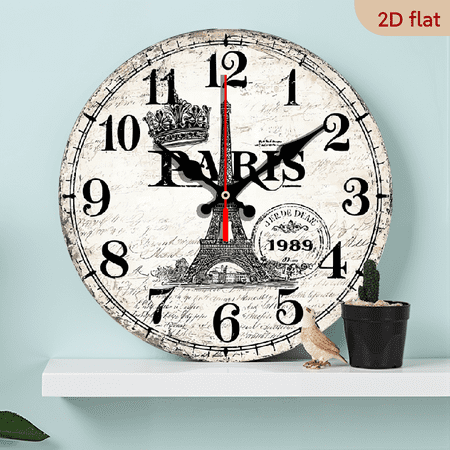2D Flat 1pc 10Inch Wooden Vintage Paris Eiffel Tower Wall Clock - Silent Mechanical Movement, Rustic Wooden Frame with Roman Numerals, Ideal for Living Room or Kitchen Decor