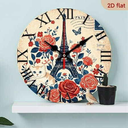2D Flat 1pc 10Inch Wooden Wall Clock For Living Room, Bedroom, Office, Large Size 10Inch Round Wooden Vintage Parisian Floral Eiffel Tower Design, French-inspired Beige Blue Home Decor