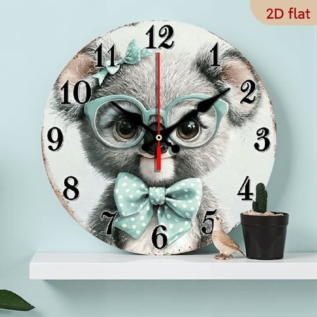 2D Flat, 1pc, Silent Wall Clock Non-Ticking Wooden, Decorative Circular Clock Cute koala with glasses and bow tie Design for Dining Room, Hallway, Study Room, Home Office, Balcony 10inch