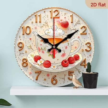 2D Flat 1pc Wooden Vintage Floral Teapot Teacup Wall Clock - Silent Non-Ticking Modern Farmhouse Decor with Floral Tea Design, Artificial10 Inch Round Wall Clock for Living Room, Bedroom