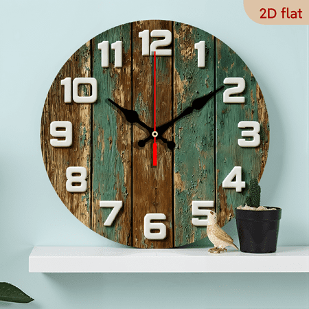 2D flat 1 piece 10 inch wooden retro green design silent wall clock, suitable for home decoration, gift giving, AA battery (excluding battery)