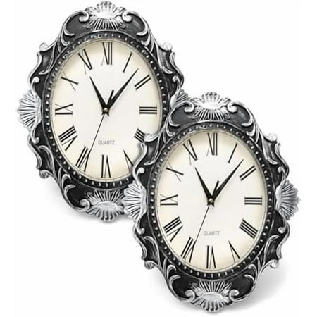 2 Pack Retro Wall Clock, 14 Inch Vintage Oval Silent Non Ticking Clock for Wall, Battery Operated Quartz Movement, Easy to Read Antique Decor Clock for Home, Bedroom, Halloween Decor