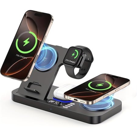 30W Alarm Clock Wireless Charger | 6-in-1 RGB Night Light Fast Charging Station, Compatible with iPhone 15 14 Pro Max 13 12 11, iWatch 9 8 7 6 SE, AirPods 3 2 Pro