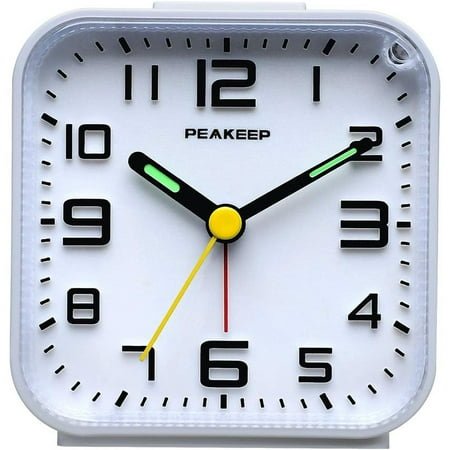 3D Numbers No Tick-Tock Analog Alarm Clock with Classic Beep Sound, Snooze, Manual Light and Battery Powered Small for Travel (White-3D)