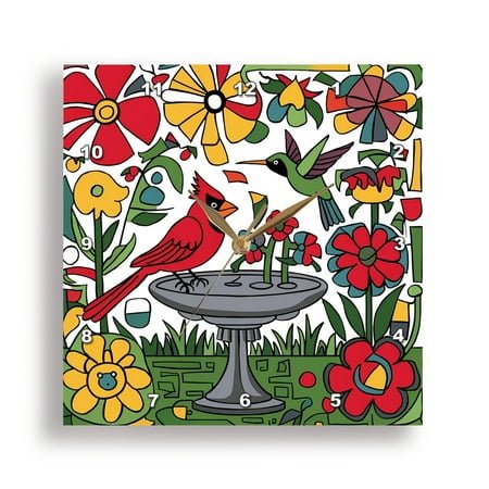 3dRose, Cute Funny Cool Colorful Cardinal Red Bird in the Garden Abstract Art, 15x15 Wall Clock