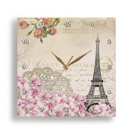 3dRose, Eiffel Tower Paris With Flowers In Vintage Style, 10x10 Wall Clock