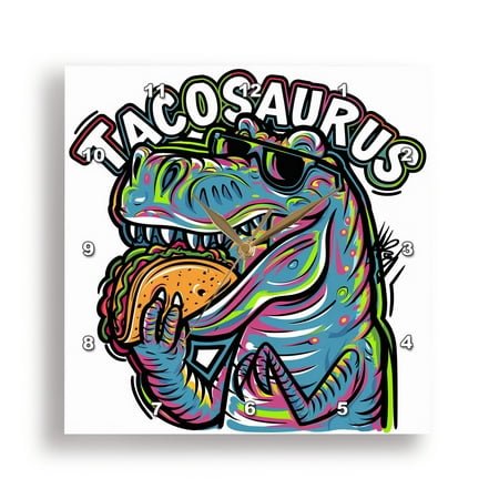 3dRose, Funny Cute Cool T-rex Dinosaur eating Taco Tacosaurus Pun Graffiti , 15x15 Wall Clock