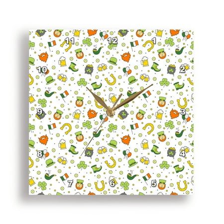 3dRose, Funny St. Patricks Day pattern of Irish flags, beer mugs, shamrock, 13x13 Wall Clock