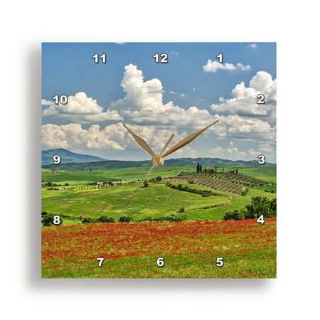 3dRose, Italy, Tuscany. View of Tuscan Valley and villa with Spring poppies, 15x15 Wall Clock