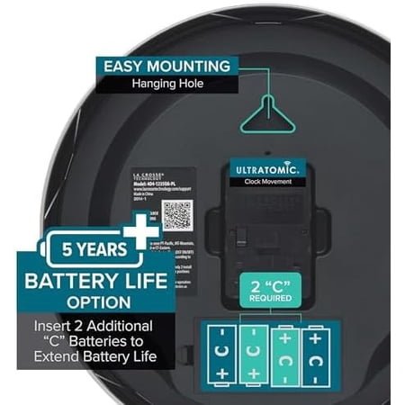 404-1235UA-PL UltrAtomic 14 inch Stainless Steel Wall Clock, Shatterproof Lens, Silver