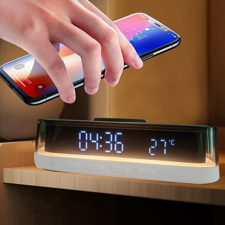 4 in 1 Wireless Charging Station,Alarm Clock with Temperature Display LED Night Light,15W Fast Charger for Phones,Bedside Organizer for iOS Android
