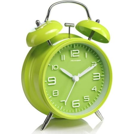 4 Inches Twin Bell Loud Alarm Clock for Heavy Sleepers, Battery Operated Old Fashioned Alarm Clock (3D-Dial, Green)