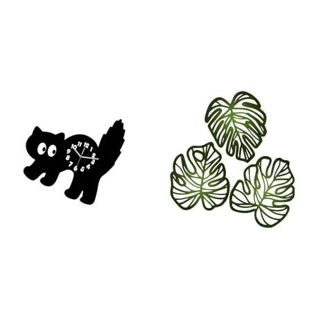 4 Pieces Wall Clock Cat Wall Clock Palm Leaves Wood Wall Decor Silent Acrylic Material for Living Room Bedroom Kitchen