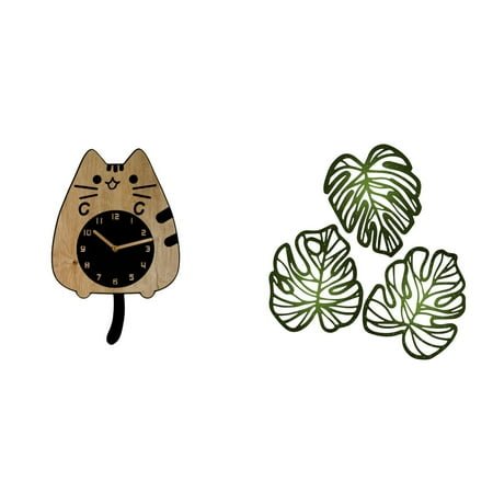 4 Piece Wall Clock Cat Art Palm Leaves Wood Silent Hanging Decor for Kids Bedroom Kitchen Living Room