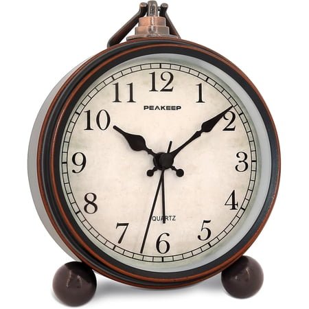4 Small Battery Operated Antique Retro Analog Alarm Clock with Contour Lines in Gold for Room Decors, Silent Elegant Bedside Desk Gift Clock
