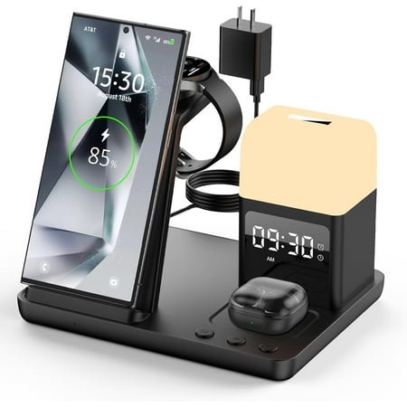 6-in-1 Wireless Charging Station – Fast Charger with Alarm Clock & Night Light for Galaxy S25/S24/S23, Samsung Watch7 & Buds3 Pro