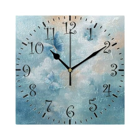 7.78in Square Artistic Wall Clock Dual-Purpose Tabletop & Hanging Decor Silent Non-Ticking Clocks for Home Office watercolor Blue Butterflies