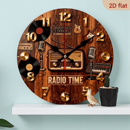 A 10-inch 2D flat Broadcast Time theme wooden circular wall clock, suitable for decoration in bedrooms, living rooms and offices. It is an ideal gift for Christmas and New Year.