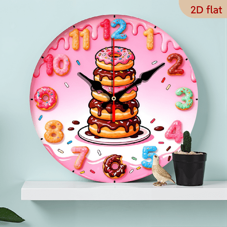 A 10-inch 2D flat Donut Tower themed wooden silent wall clock. It is an excellent choice for Halloween/Easter/Christmas gifts and is suitable for modern home decoration art.