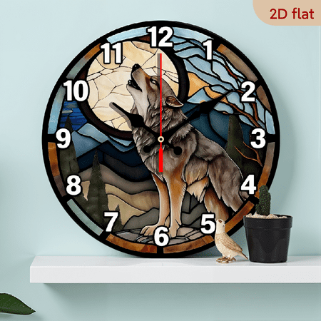 A 10-inch 2D flat Howling Wolf themed wooden circular wall clock, suitable for decoration in bedrooms, living rooms, offices, kitchens and bathrooms. It is an ideal gift for Christmas and New Year.